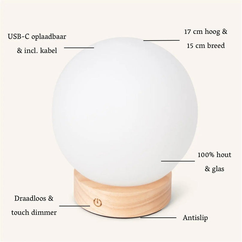 Flore lichtbruine houten lamp met glazen lamp - oplaadbaar en dimbaar draadloos licht