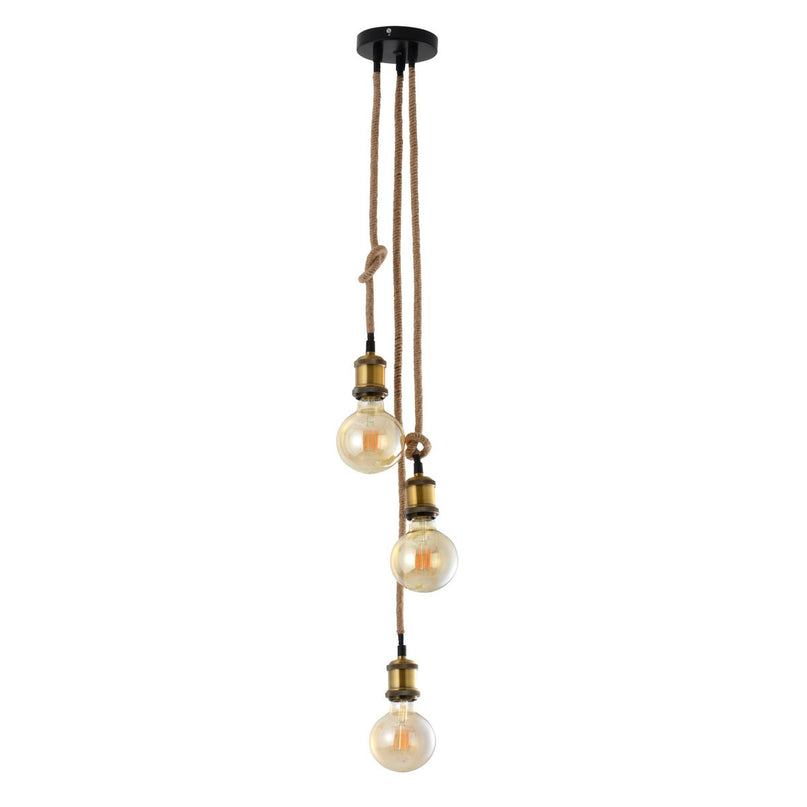3 Metal Baldachin "Ontario" decoratieve hanglamp gemaakt van metaal in alt-messing en jute, E27-versies, verlichting voor woonkamers of kantoor.