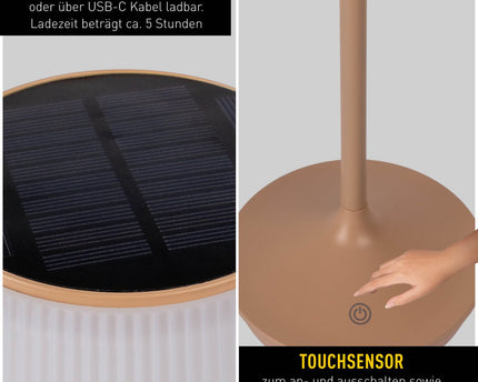 Zonne -batterijlamp "EMMI" 38 cm hoog, paraplu Ø 13 cm, metaal in amandel en wit plastic, voor de buitenruimte, dimable CCT.