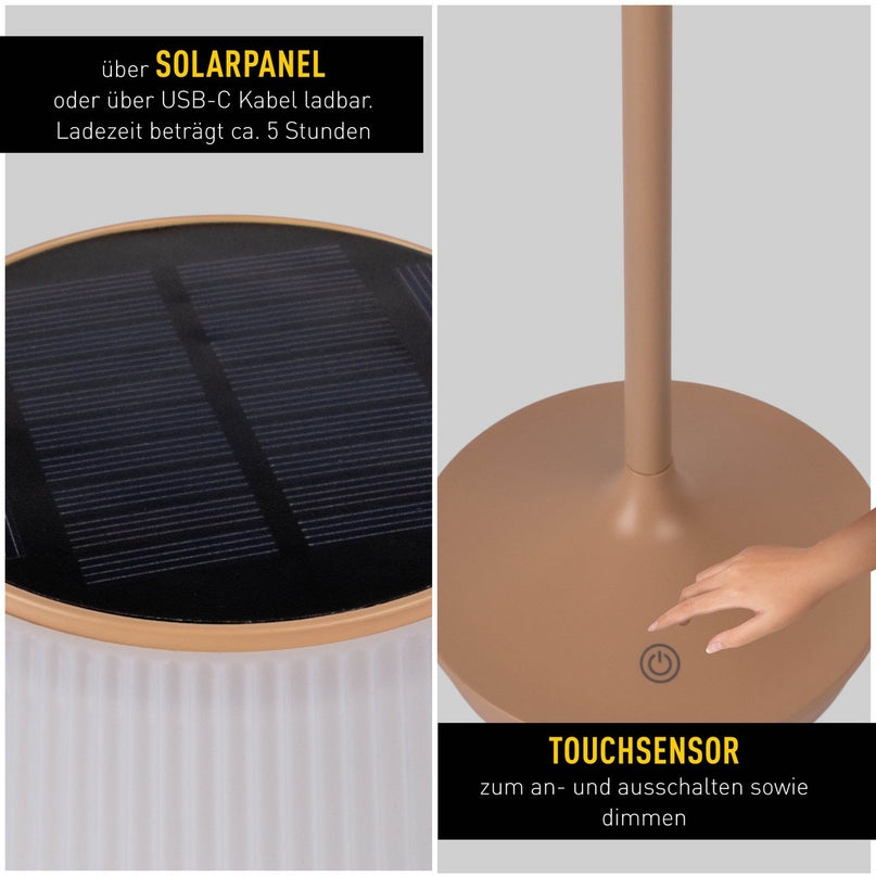 Zonne -batterijlamp "EMMI" 38 cm hoog, paraplu Ø 13 cm, metaal in amandel en wit plastic, voor de buitenruimte, dimable CCT.