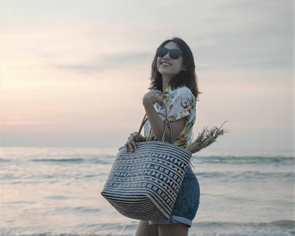 Blauwe boodschappentas | Strandtas | Shopper KIDUL gemaakt van rotan