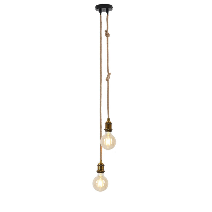 Metalen metalen Baldachin met 2 personen "Ontario" Decoratieve hanglamp gemaakt van metaal in alt-messing en jute, E27-versies, verlichting voor woonkamers of kantoor.