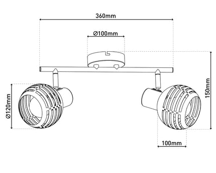2-zitplaatsen muur en plafondlichtvlek "Casco" gemaakt van metaal in zwart en goud, met E27-aansluiting, 36 x 12 x 15 cm. Stijlvolle verlichting voor woonkamer, eetkamer of keuken.