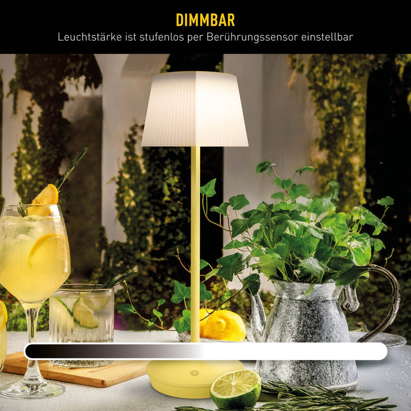 Zonne -batterijlamp "EMMI" 38 cm hoog, paraplu Ø 13 cm, metaal in geel en wit plastic, voor de buitenruimte, dimable CCT.