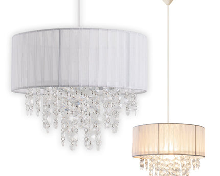 Decoratieve hanglamp "Crystallo", hanglamp gemaakt van metaal, transparant plastic en wit textielmateriaal, E27 -aansluiting, voor eetkamer, woonkamer, gang of kantoor, 30 cm diameter