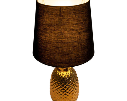 Keramische tafellamp "ananas", tafellamp gemaakt van keramiek met goudkleurig glazuur en zwart stofscherm, met E14-aansluiting, voor eetkamer, woonkamer, gang of kantoor, tafellamp 45 cm hoog