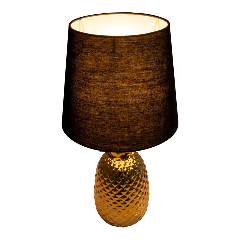 Keramische tafellamp "ananas", tafellamp gemaakt van keramiek met goudkleurig glazuur en zwart stofscherm, met E14-aansluiting, voor eetkamer, woonkamer, gang of kantoor, tafellamp 45 cm hoog