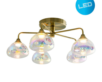LED-plafondlamp 5-flame "varna", plafondlamp gemaakt van messing gekleurd metaal en irisglas, met stevig geïnstalleerde LED's, 50 cm diameter, stijlvolle verlichting voor woonkamer, eetkamer of gang