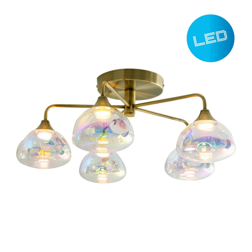 LED-plafondlamp 5-flame "varna", plafondlamp gemaakt van messing gekleurd metaal en irisglas, met stevig geïnstalleerde LED's, 50 cm diameter, stijlvolle verlichting voor woonkamer, eetkamer of gang