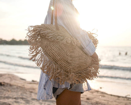 Beige schoudertas met franjes Strandtas Tote Boodschappentas SUMBAWA