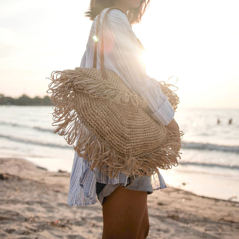 Beige schoudertas met franjes Strandtas Tote Boodschappentas SUMBAWA
