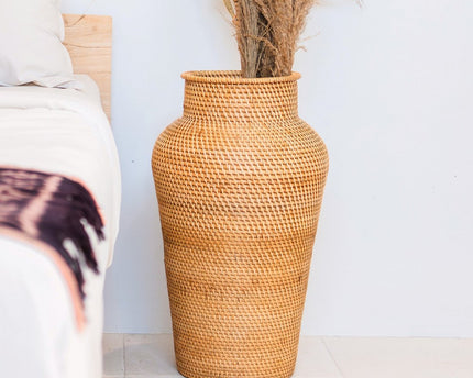 Geweven rotan vaas rond – grote boho decoratieve vaas – vaas hoog en smal – vloervaas handgemaakt van natuurlijke vezels (Ø 30 cm) KIDUNG
