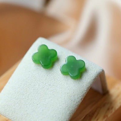 Hetian Jade Lucky Clover Ear studs-18k goud
