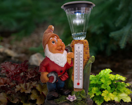 LED -decoratie Solar Light "Dwarf" met thermometer gemaakt van geschilderde polyresin, ongeveer 26 cm hoog en uitgerust met stevig geïnstalleerde LED's