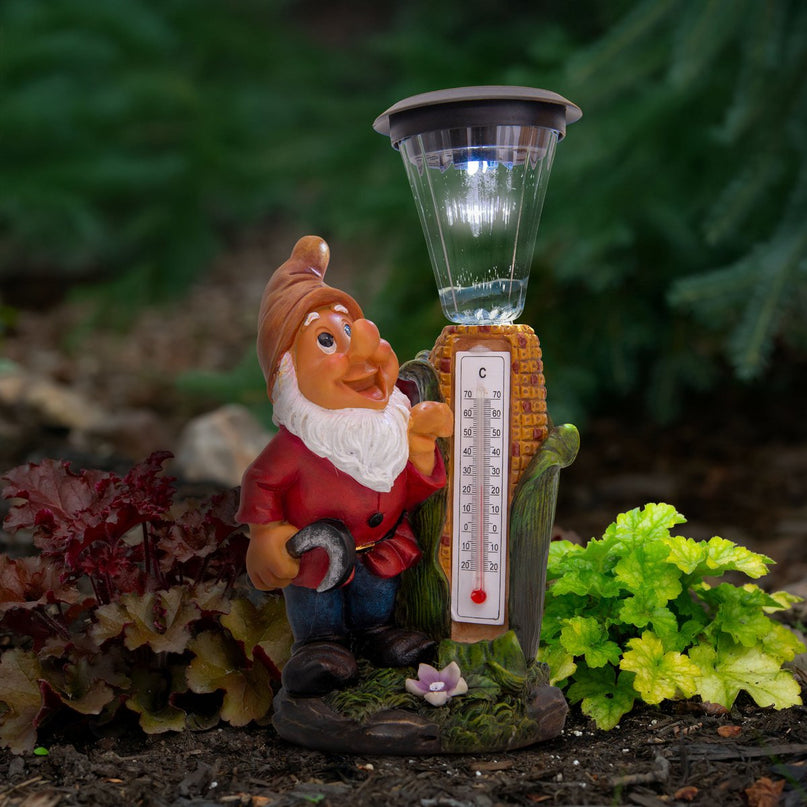 LED -decoratie Solar Light "Dwarf" met thermometer gemaakt van geschilderde polyresin, ongeveer 26 cm hoog en uitgerust met stevig geïnstalleerde LED's