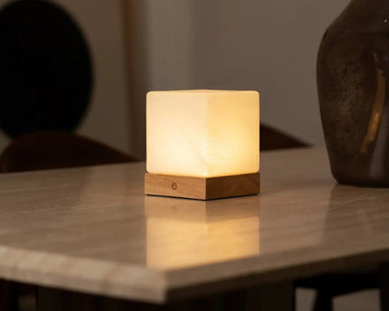 YCE lichtbruine draadloze houten lamp met bevroren glas-oplaadbare, dimbare, 100-uur batterij