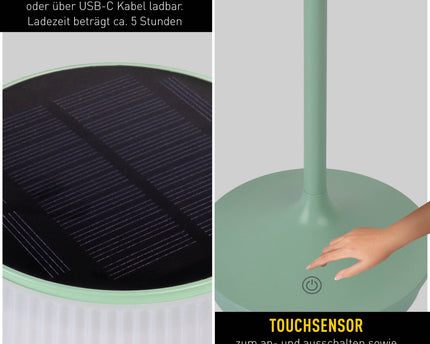 Zonne -batterijlamp "EMMI" 38 cm hoog, paraplu Ø 13 cm, metaal in mint en wit plastic, voor de buitenruimte, dimable CCT.