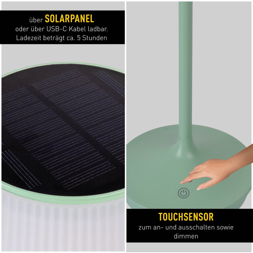 Zonne -batterijlamp "EMMI" 38 cm hoog, paraplu Ø 13 cm, metaal in mint en wit plastic, voor de buitenruimte, dimable CCT.
