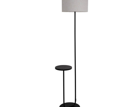 Staande lamp met geïntegreerde "tordis" -tafel gemaakt van zwart metaal en natuurlijk wit textielmateriaal, 157 cm hoog, E27