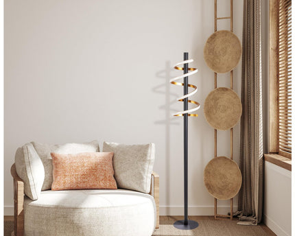 LED staande lamp "Belleza", moderne metalen vloerlamp en plastic in zwart, goud en wit, met stevig ingebouwde LED's, 140 hoog, verlichting voor woonkamer, eetkamer, slaapkamer of kantoor.