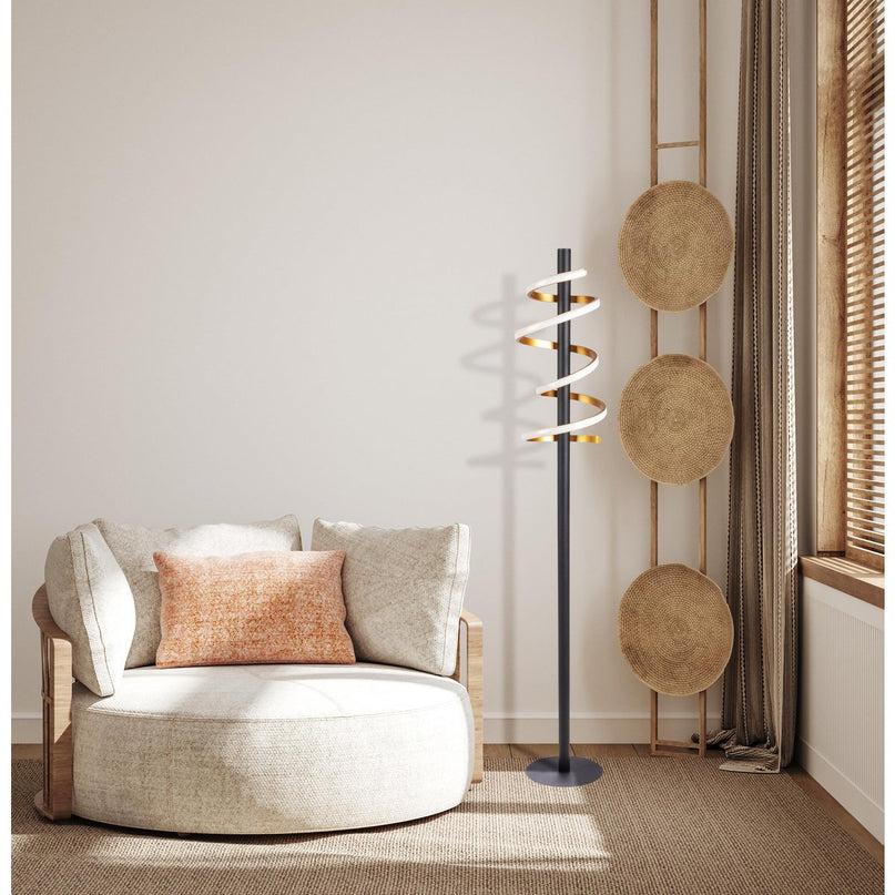 LED staande lamp "Belleza", moderne metalen vloerlamp en plastic in zwart, goud en wit, met stevig ingebouwde LED's, 140 hoog, verlichting voor woonkamer, eetkamer, slaapkamer of kantoor.
