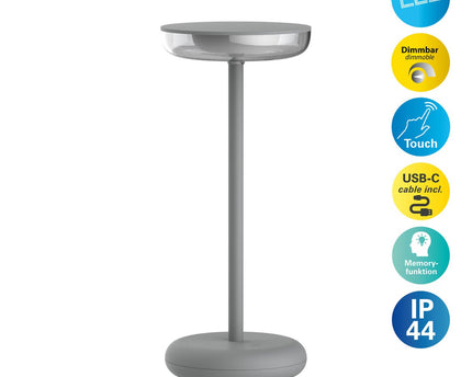 Batterijlichtlicht "PASI" voor buiten en binnen, gemaakt van metaal en plastic in grijs, dimbaar, met aanraking en geheugenfunctie, ca. 26 cm hoog