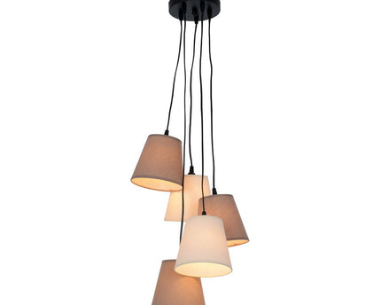 Textiel hanger lamp "boho", jong wonen, hangende lamp met 5 textiel parasols in beige en bruin, met E14 -aansluiting, voor eetkamer, woonkamer, gang of kantoor, 95 cm hoog