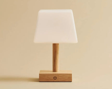 Tommy lichtbruine houten tafellamp met glas - oplaadbare, dimbare lamp, draadloze verlichting