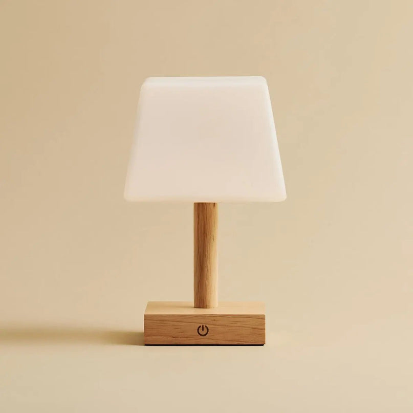 Tommy lichtbruine houten tafellamp met glas - oplaadbare, dimbare lamp, draadloze verlichting