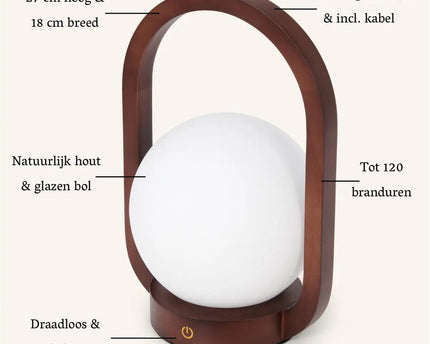 Skye Donkerbruine Houten Snoerloze Lamp | Oplaadbaar en dimbaar ontwerp