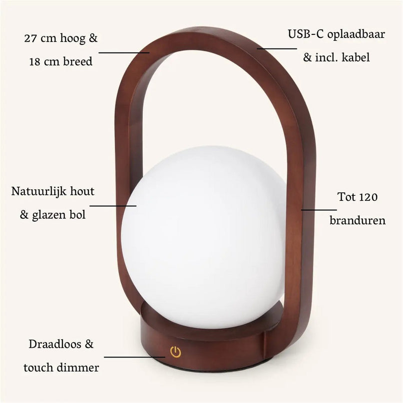 Skye Donkerbruine Houten Snoerloze Lamp | Oplaadbaar en dimbaar ontwerp
