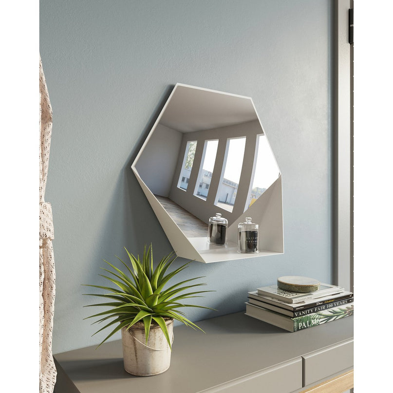 Gorillz Hive Wandspiegel met Plank - Hexagon Spiegel - 60 x 52 cm - Industrieel Wit