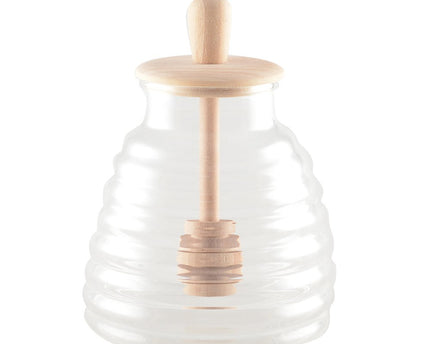Honingpot bijenkorf in glas en hout 10x10x13cm