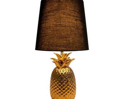Keramische tafellamp "ananas", tafellamp gemaakt van keramiek met goudkleurig glazuur en zwart stofscherm, met E14-aansluiting, voor eetkamer, woonkamer, gang of kantoor, tafellamp 45 cm hoog