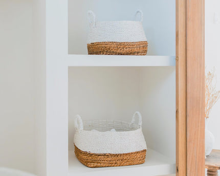 Geweven opbergmand wit – Boho decoratieve mand – vierkante wasmand – plankmand gemaakt van bananenvezel MAJALENGKA wit (3 maten)