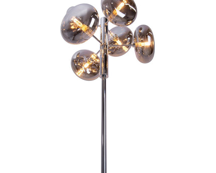 Staande lamp "Orion" rokerig, ongeveer 165 cm hoog, gemaakt van chroomkleurig, roestvrij staal en rookglas, G9-aansluiting, verlichting voor woonkamer, eetkamer of kantoor.