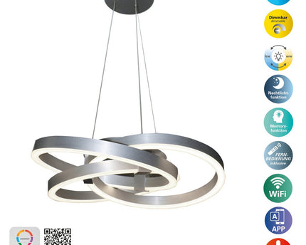 Smart Home LED hanglamp "Divora" Ø 58 cm, plafondlamp gemaakt van metaal, aluminium geborsteld en wit plastic, met veel functies, stevig gebouwd -in LED's, verlichting voor woonkamer, eetkamer kantoor of gang