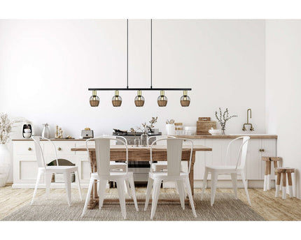 5 hanglamp "Corbis", echtelijke lamp gemaakt van zwart in zwart, met goud en rotan, met E14 -aansluiting, voor eetkamer, woonkamer, gang of kantoor, 100 cm lang