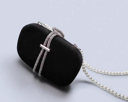 Luxe zwart fluwelen feestclutch-fonkelende diamanten riem