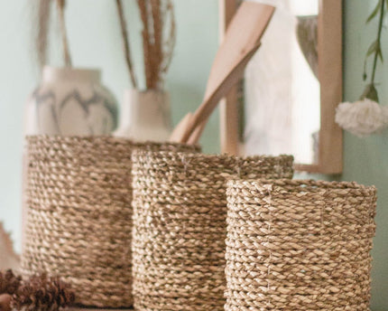 Kleine Zeegras Mand BHINNEKA | Plantenmand | Geweven Boho Mand | Plantenbak | Decoratieve mand | Kleine Opbergmand | Ronde bloemenmand