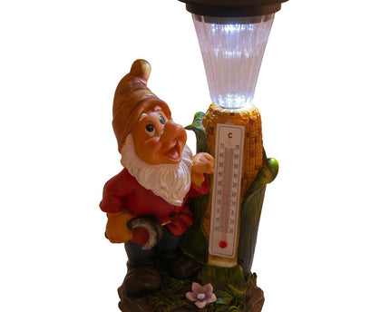 LED -decoratie Solar Light "Dwarf" met thermometer gemaakt van geschilderde polyresin, ongeveer 26 cm hoog en uitgerust met stevig geïnstalleerde LED's