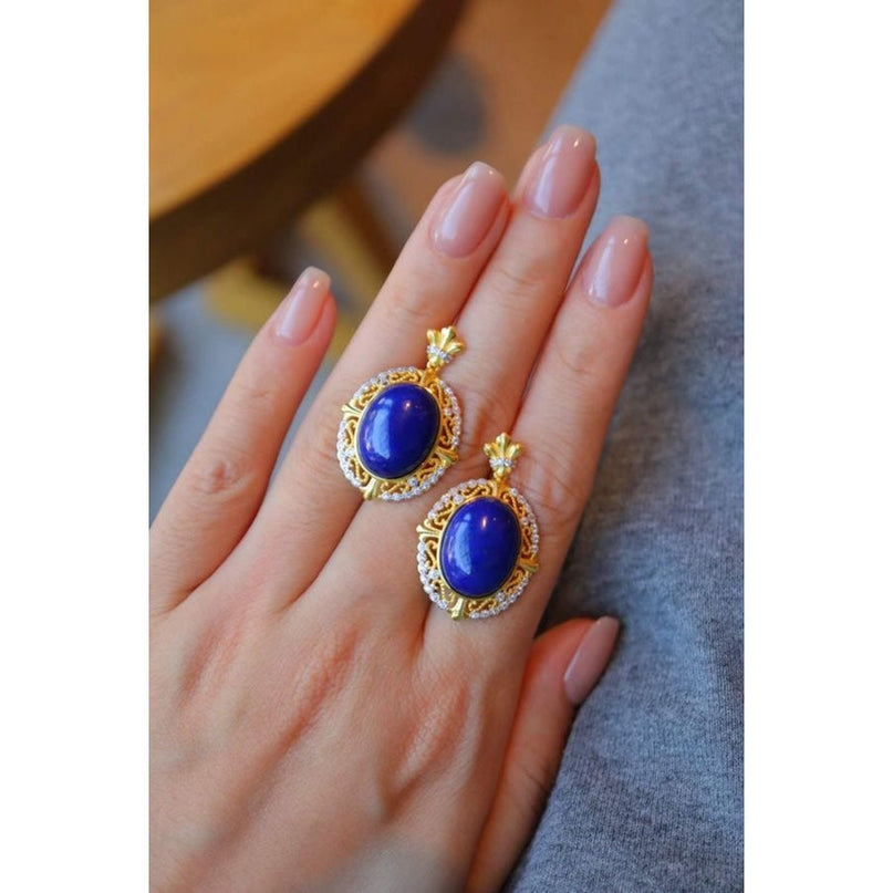 Renaissance lapis lazuli hanger oorbellen