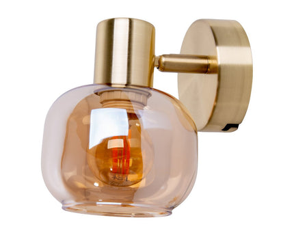 Glazen wandvlek "Libby", klassieke wandlamp gemaakt van messing gekleurd metaal en getinte glas in barnsteen, met E14-aansluiting, voor eetkamer, woonkamer, gang of kantoor, 16 cm