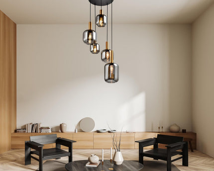 5 hanglamp "fumo", hanglamp gemaakt van metaal en glas in zwart, met E14 -aansluiting, voor eetkamer, woonkamer, gang of kantoor, hangende lamp Ø ca.