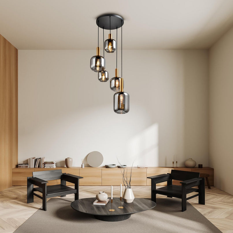 5 hanglamp "fumo", hanglamp gemaakt van metaal en glas in zwart, met E14 -aansluiting, voor eetkamer, woonkamer, gang of kantoor, hangende lamp Ø ca.