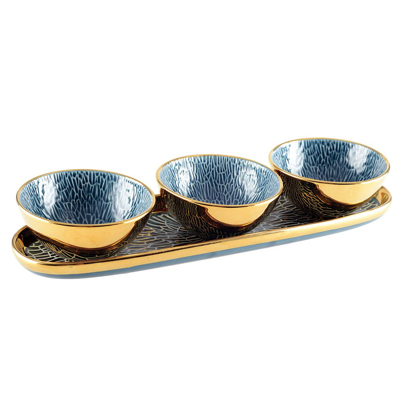 Aperitif set 3 kopjes op blauwe en gouden lade