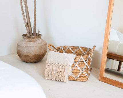 Boho wasmand – vierkante plankmand – geweven opbergmand – plantenmand – decoratieve mand gemaakt van bananenvezel GANDARIA (2 maten)