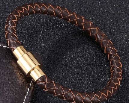 Gevlochten lederen herenarmband-gouden gesp