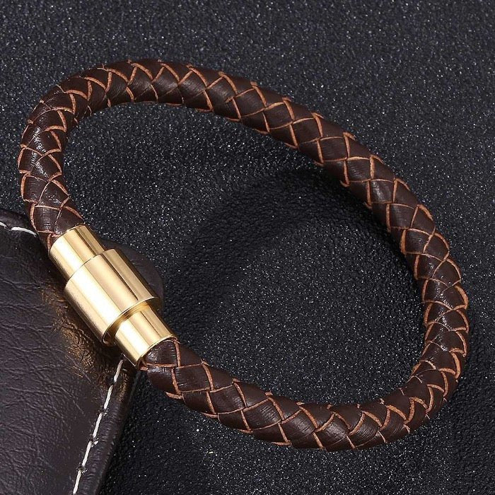 Gevlochten lederen herenarmband-gouden gesp