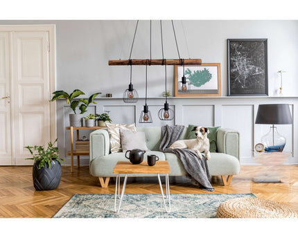 4 hanglamp "Woodland", hanglamp, metaal en hout in zwart en natuurlijke E27 -aansluiting, voor eetkamer, woonkamer, gang of kantoor, 100 cm lang